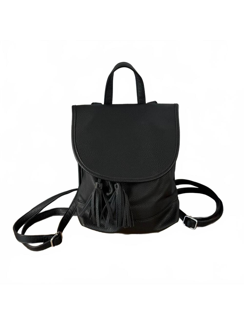Black Faux Leather Mini Backpack Purse Tassel Drawstring Flap Convertible